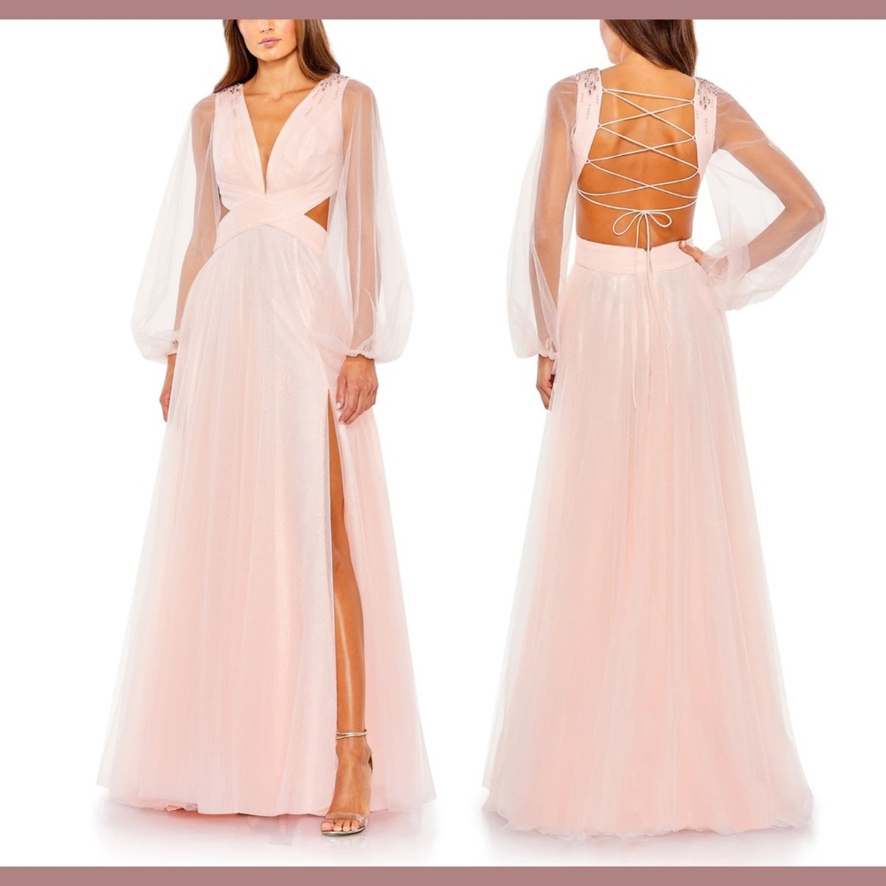 🆕MAC DUGGAL Elegant Blush Tulle Gown with Sheer Sleeves 70174